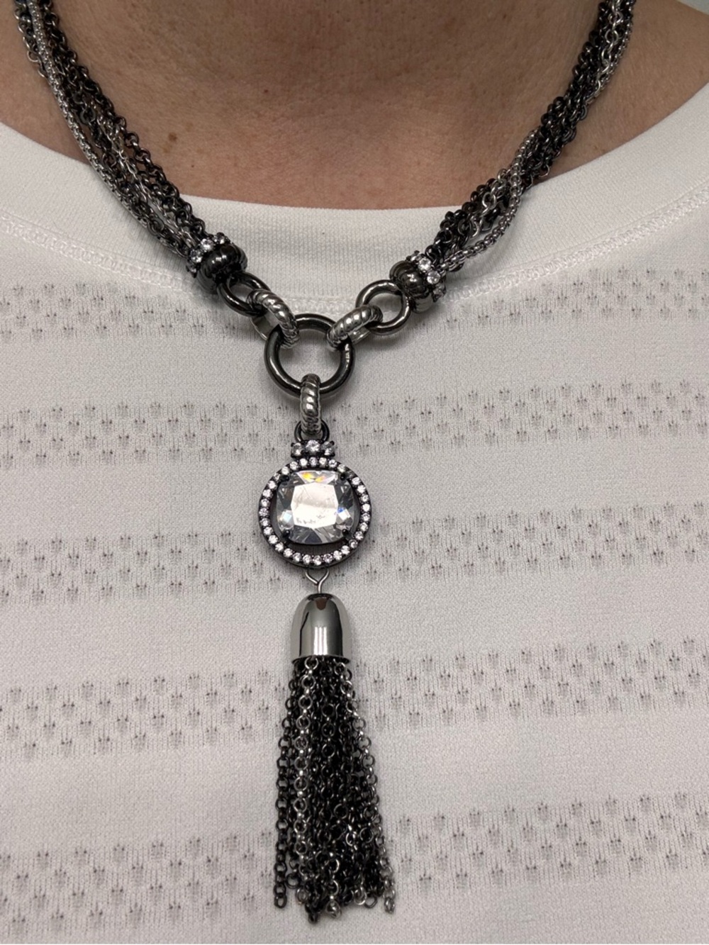 White House Black Market Gunmetal Crystal Pendant Tassel Necklace